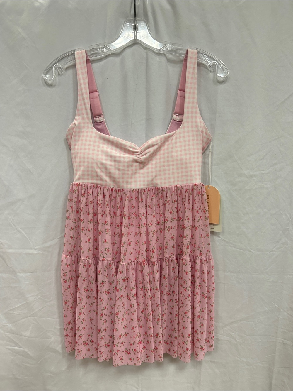 Blogilates Sweet Pink Gingham & Floral Tiered Mini Dress - Picture 2 of 7